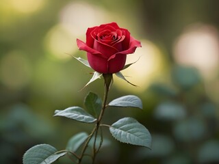 single stem of red rose with a blurred green background