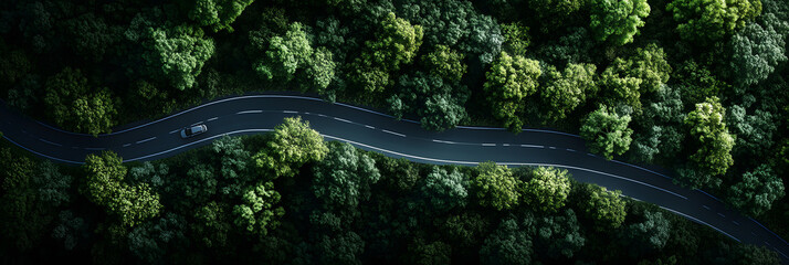 Wall Mural - Aerial view of a winding road through dense green forest, perfect for themes of travel, journey, and adventure amidst nature. Ideal for depicting exploration and scenic drives