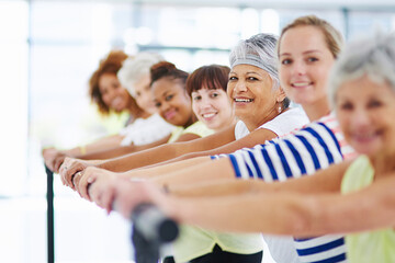 Poster - Barre, fitness and workout with portrait of women in studio for club, stretching and ballet exercise. Pilates, wellness and strength training with people in class for balance, health and diversity