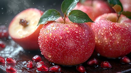 Wall Mural - Close-up of red apples with water drops and pomegranate seeds on a wooden table.