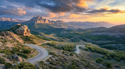 rental car in spain mountain landscape road at sunset