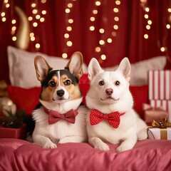 Wall Mural - Two adorable dogs in festive bow ties sit together on a cozy red backdrop decorated with lights and holiday gifts.