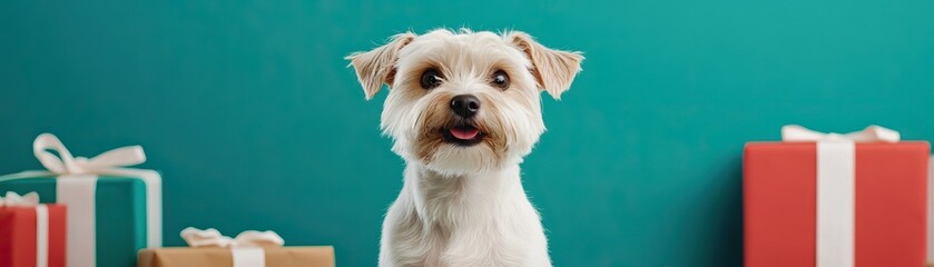 A cheerful dog sits in front of colorful presents against a teal background, exuding happiness and festive spirit.