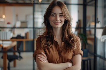 Portrait of young smiling woman in creative office.