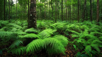 Wall Mural - Vibrant ferns flourish among the underbrush in a rich rainforest habitat