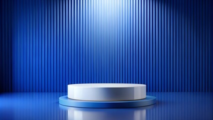 A bold royal blue background with a glossy white cylinder podium, ideal for striking product displays and elegant designs