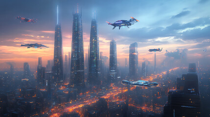 A futuristic cityscape with many flying vehicles and buildings