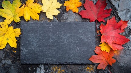 Colorful autumn leaves surround a rustic slate stone showcasing natures seasonal beauty