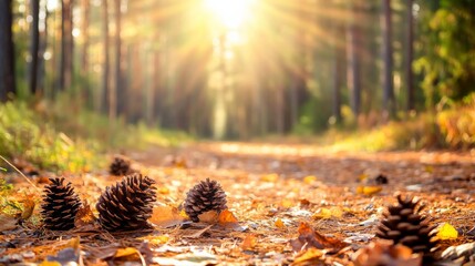 Wall Mural - Golden rays illuminate fallen pinecones on a tranquil forest path in autumns embrace