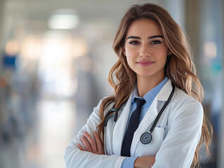 Confident female doctor, wearing a white coat, stethoscope