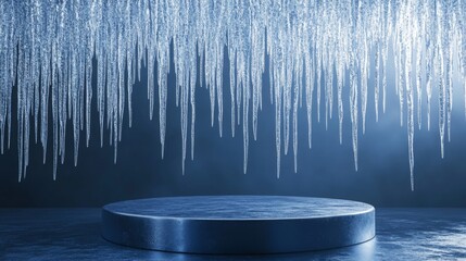 Poster - Delicate icicles dangle from an overhead structure, reflecting soft blue light in a serene atmosphere. Below lies a circular platform, creating a captivating interplay of shapes and textures.
