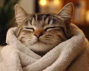 A cozy cat wrapped in a soft towel, appearing content and relaxed, with a peaceful expression in a warm indoor setting.