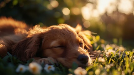 Puppy in garden with vibrant fur, soft lighting, cozy outdoor setup.