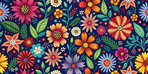 Colorful Floral Pattern with Dark Background, Seamless, Vector, Illustration, Digital Art, Flower Pattern, Floral Design