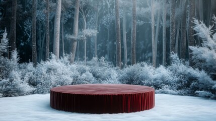 Poster - A round platform covered with rich red fabric is situated in a tranquil snowy forest. Tall trees surround the clearing, creating a serene winter atmosphere filled with soft snowflakes.