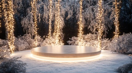 Aufkleber - A beautifully lit circular stage stands surrounded by snow-covered trees adorned with twinkling lights. The peaceful winter environment creates a magical atmosphere during the night.