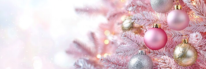 pink christmas tree, silver and gold decorations