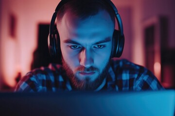 young focused male with beard, wearing checkered shirt and black headphones looking on the laptop screen. Blurry room interior. Night scene with blue and purple lights. Remote work, gaming, learning. 