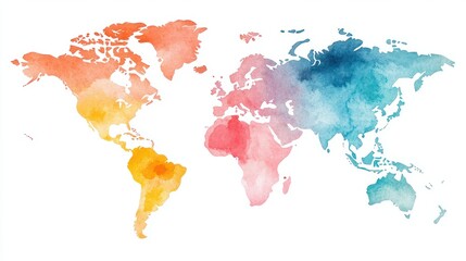 Colorful watercolor world map on white background.