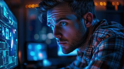 A young man sits in front of a computer screen, looking intently at the data displayed. The room is dimly lit, and the only light comes from the screen and some Christmas lights in the background.