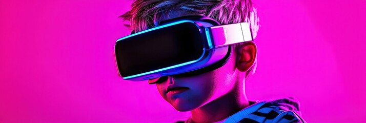 Internet technology concept with kid wearing VR headset