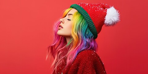 Gen Z woman with rainbow hair, Christmas winter, solid background