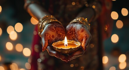 A woman's hands holding a diya lamp for the happy traditional Indian festival of Lohri, Burning candle in hands closeup Generative AI