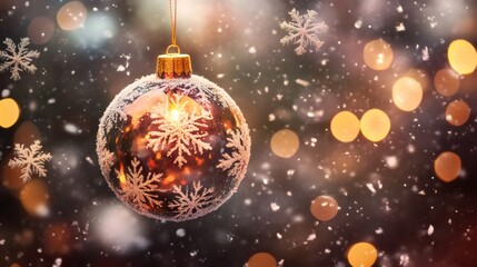 festive glass ornaments, a shiny glass Christmas bauble hanging in mid-air, with delicate snowflakes, intricate details, and a soft holiday glow