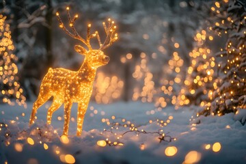 Christmas setting outdoors with glowing reindeer, fairy lights, and a snowy landscape winter wonderland