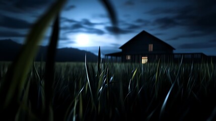 Poster - A single-story house with a lit window stands out against a dark sky and tall grass in the foreground.