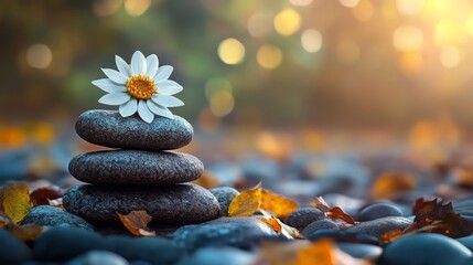 Stacked zen stones with daisy flower on pebbles for balance and harmony