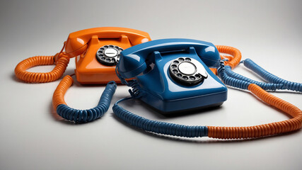 two vintage rotary telephones: bright orange and blue, with coiled cords, side by side on a table.