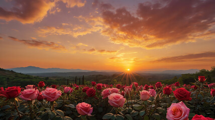 Beautiful sunset over the field of red pink roses, cloudy orange cloud as the sun lays in the horizon, dusk, dawn, nature background wallpaper art 