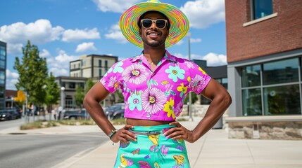 Man is dressed in Fashionable urban summer outfit with vibrant colors and floral patterns