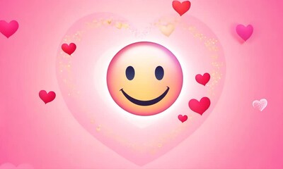 Wall Mural - Smiling emoji surrounded by red and pink hearts on a soft pink background, conveying happiness and love