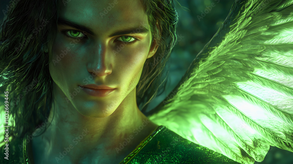 Hi Ranking Angel The Archangel Raphael, gazing forward with his large green wings spread ...