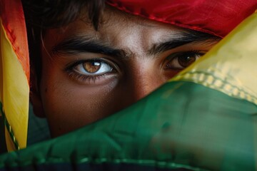 Young man with reflection of Bolivia flag in eyes.