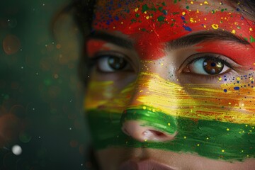 Young female showing support with Bolivia flag face paint.