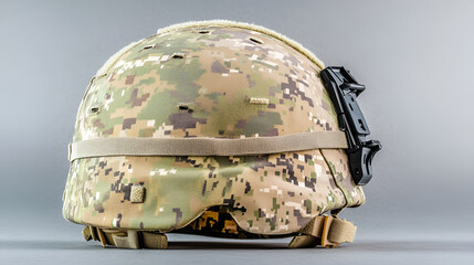 A military helmet with a camouflage pattern, symbolizing protection and safety in combat situations.