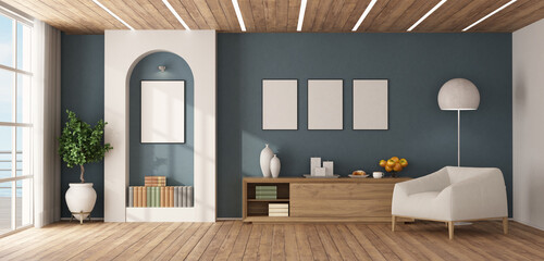 Wall Mural - Modern minimalist living room with sea view and blank frames showing