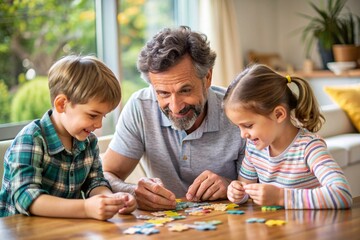 A man is playing with two children, one of whom is wearing glasses