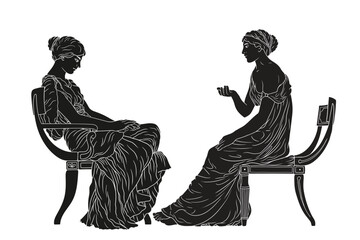 Wall Mural - Two ancient Greek women in tunics are sitting on chairs and talking.