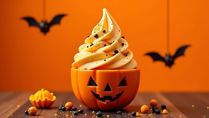 halloween jack o lantern. Pumpkin ice cream, faces, halloween, orange background, spider web