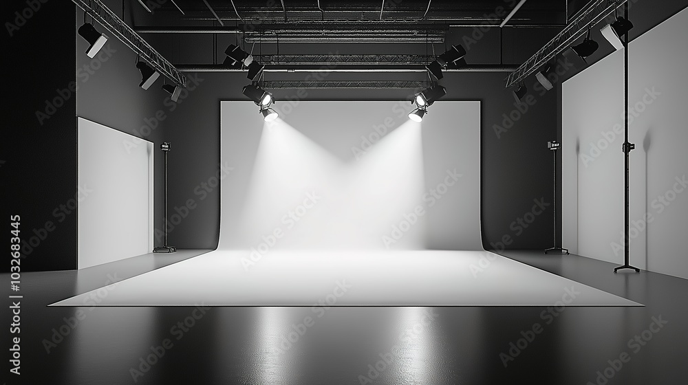 Minimalist studio with smooth grey floor and white cyc wall ...