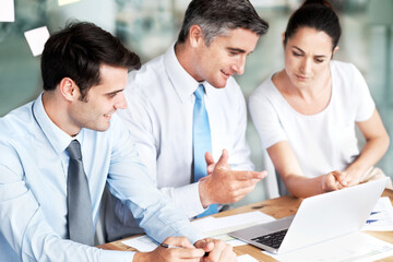 Poster - Team, planning and business people with laptop for accounting, bookkeeping and company audit. Computer, group and finance manager brainstorming ideas, training and problem solving in office meeting