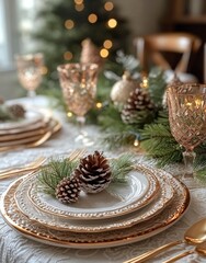 Poster - Elegant dinner table setting with pinecones and festive decorations for a holiday gathering