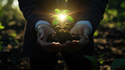 A person in a suit holds a small plant, symbolizing growth and sustainability.