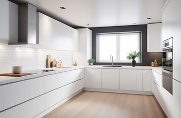 Modern white kitchen with minimalist cabinets, bright natural light, and sleek appliances, creating a clean and spacious look