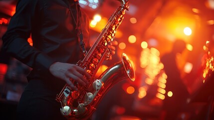 A musician playing a saxophone in a vibrant, illuminated setting.