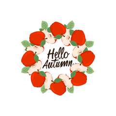 Wall Mural - autumn wreath with apples and leaves on a white background. perfect for thanksgiving day invitations